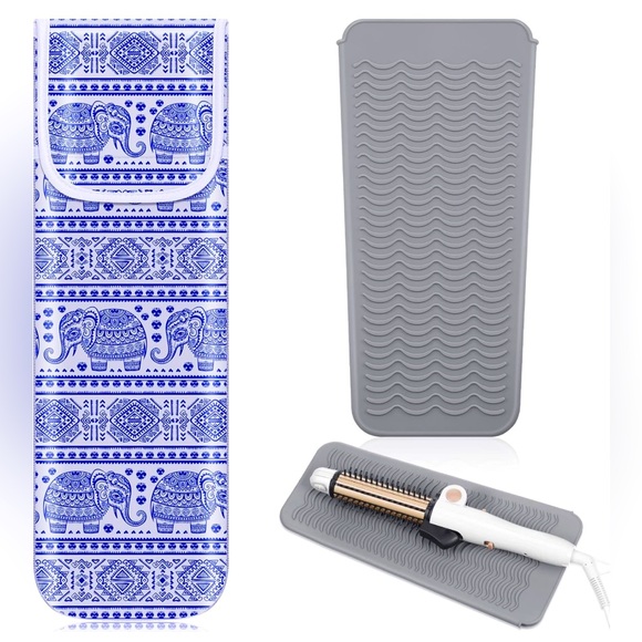 Neoprene Blue/White Elephant Tribal Print Travel Heat Tools Holder 2 pieces - Picture 1 of 6